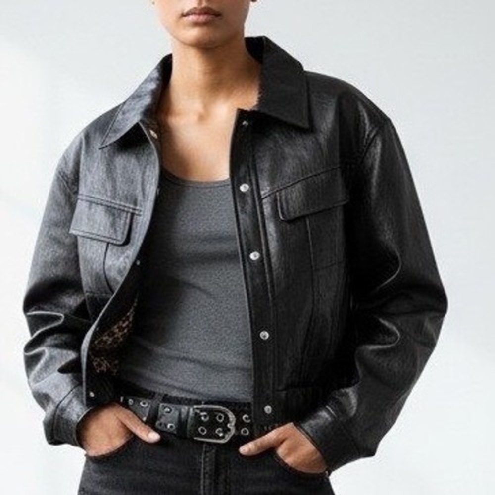 Cider Black Faux Leather Cropped Jacket Leopard Lining Size L